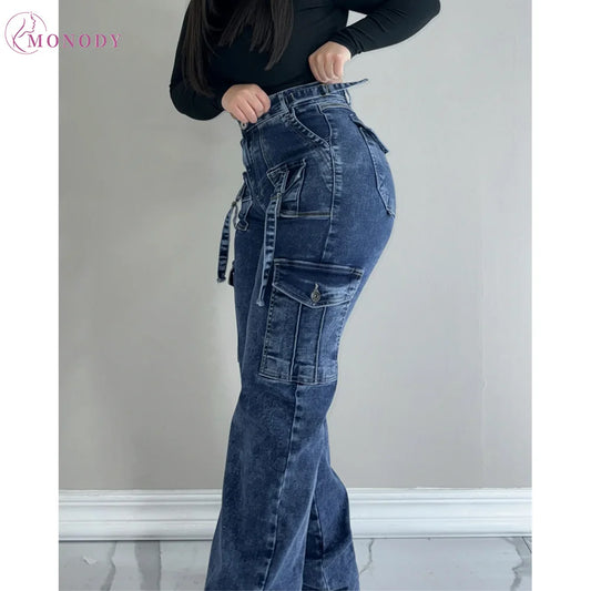 Women Straight Cargo Jeans Women's Streetwear Stretchy High Waisted Jeans Unique Multi-Pocket Female Trousers Pocket Design - Premium Kiosk