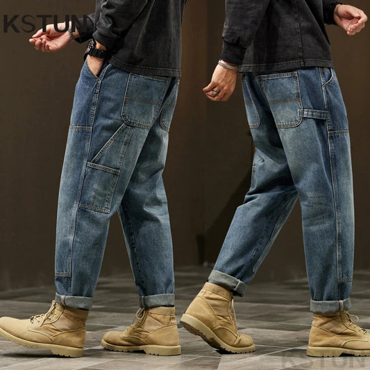 2024 Cargo Jeans Men Harem Pants Loose Baggy Pants Blue Patched Fashion Designer Pockets Trousers Oversized Tapered Streetwear - Premium Kiosk