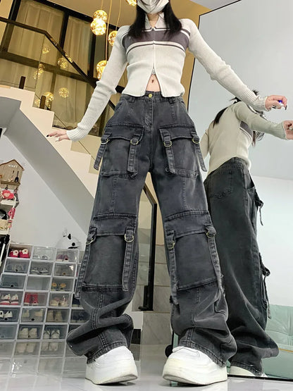 2023 Cyber Y2K Streetwear Grey Distressed Baggy Cargo Jeans Pants For Women Multiple Pockets Wide Leg Hip Hop Lady Old Trousers - Premium Kiosk