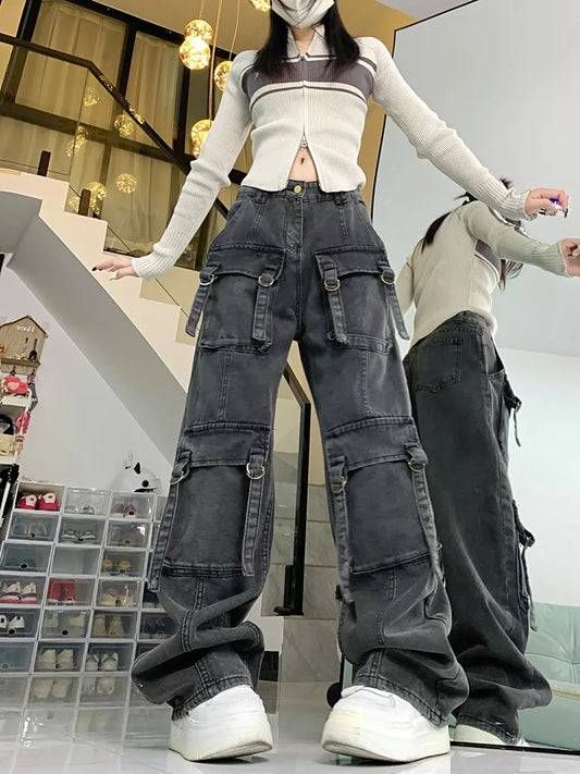 2023 Cyber Y2K Streetwear Grey Distressed Baggy Cargo Jeans Pants For Women Multiple Pockets Wide Leg Hip Hop Lady Old Trousers - Premium Kiosk