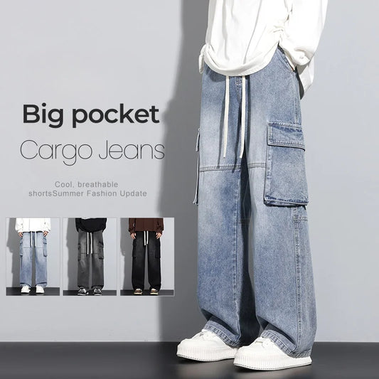 Men's Straight Cargo Jeans New Elastic Waist Multi-pockets Baggy Denim Pants Y2K Fashion Harajuku Streetwear Trousers Male