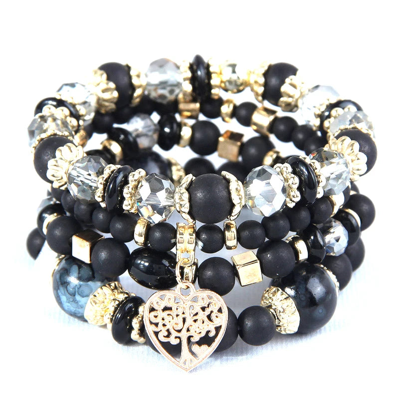 4 Pieces Stretch Beaded Bracelets Set For Women Heart Pendant Adjustable Colorful Charms New Fashion Jewelry Glass Stones C1338