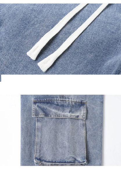 Men's Baggy Straight Cargo Jeans Elastic Waist Drawstring Casual Pants High Street Fashion Vintage Trousers Male Trendy Brand