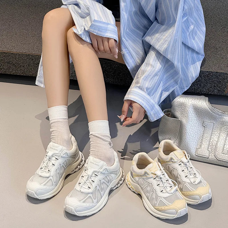 Women's Dad Shoes Thick Sole Heightening 2025 Spring Autumn Pure Color Adult Laced Comfortable Polyurethane Casual Sports Shoes