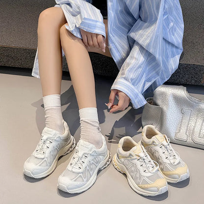 Women's Dad Shoes Thick Sole Heightening 2025 Spring Autumn Pure Color Adult Laced Comfortable Polyurethane Casual Sports Shoes