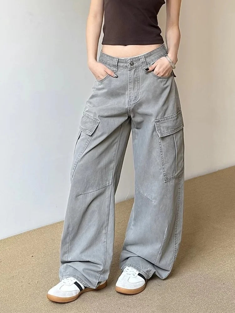 2025 Ropa Y2K Fashion Vintage Grey Baggy Cargo Jeans Pants For Women Clothing Wide Leg Kpop Casual Lady Trousers Pantalon Femme - Premium Kiosk