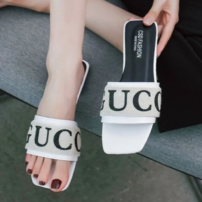Women's slippers 2025 summer retro letters ladies open toe daily casual comfortable outdoor beach vacation flip flops plus size - Premium Kiosk