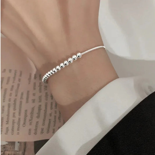 100% Solid 925 Sterling Silver Metal Bracelets for Women Men Adjustable Beads Handmade Simple Birthday Christmas Gift